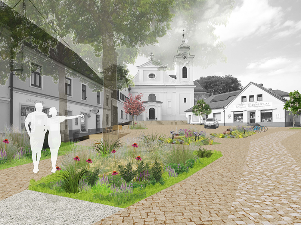 Blick Richtung Kirche Perspektive vom Schloss Wilfersdorf kommend